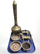 A tall pierced brass candle shade/incense stick holder,