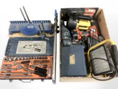 A group of Black and Decker power tools, two million candle torch, a Draper mitre saw, socket set,