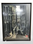 Sandra Legg : Slender figures in a dimly lit narrow street, colour chalks, 76 cm x 55 cm.