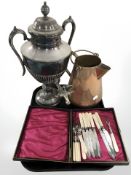 A silver plated twin handled tea urn,