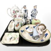 A Wedgwood Charnwood porcelain teapot and coffee pot, china thimbles,