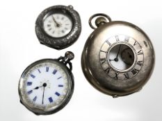 A gold plated half hunter pocket watch and two continental lady's silver fob watches.
