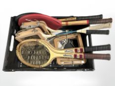 A group of vintage tennis rackets