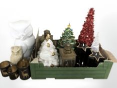 A group of Christmas decorations, lanterns, owl figures, etc.