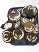 Nine sets of wild boar tusks mounted on oak plaques and a further roe deer skull on plaque.