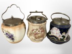 Three Victorian ceramic biscuit jars with plated lids