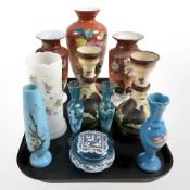 A group of Victorian hand painted glass vases, pair of Mary Gregory style bud vases,