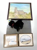 An oil on canvas of a church, Art Deco frameless mirror, other pictures, soft toy.