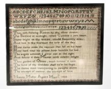 A George IV alphabet sampler by Nancy Mellor, aged 9, dated May 1st 1825, 26 cm x 32 cm.