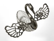 A silver-mounted crystal bonbon dish in the form of a swan, length 14 cm.