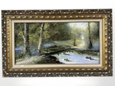 Dallas K. Taylor (1941 - 2011) Bridge over a river in woodland, oil on canvas, 29 cm x 60 cm.