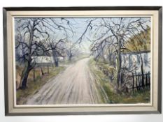 B Trokner : Trees by a rural road, oil on canvas, 98 cm x 63 cm.