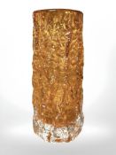A Whitefriars bark textured tangerine glass vase designed by Geoffrey Baxter, height 19.5 cm.