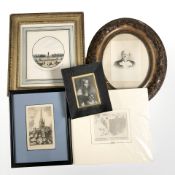 A group of antiquarian framed pictures, ornate oval frame with portrait photograph, etc.