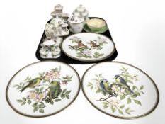 A group of Coalport porcelain cottages, four Spode garden birds collectors plates,