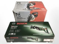 A boxed performance 210 mm compound mitre saw, and a further boxed Bosch PSA700E electric sabre saw.