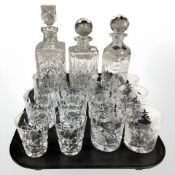 A Royal Brierley crystal decanter, together with two others and various whisky tumblers.