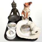 A Mister Punch earthenware Toby jug, contemporary resin figure of a seated monkey,