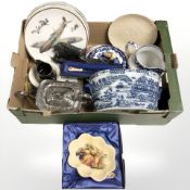 A quantity of collectors plates, reproduction blue and white transfer printed planter,