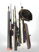 Various fishing rods including a Hardy Farnborough two piece rod, other modern rods, landing nets,