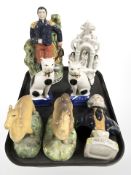A Staffordshire figure of Napoleon, a further bust of George Washington, pair of seated cats,