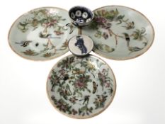 Three 19th century Chinese celadon glaze dishes, hand painted in famille rose enamels, largest 18.