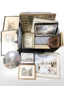 A suitcase containing various pictures and prints, reproduction map, scenes of Newcastle,
