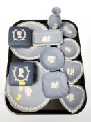 A collection of Wedgwood blue and white jasperware ceramics.