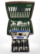 An oak canteen of Oneida EPNS cutlery, and a further cased set of spoons.