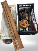 A metal detector, military shovel, Japanese mask, wooden cased Ye Olde rod, etc.