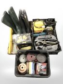 A collection of hardware, Wolf sharpener, wellington boots, transformer, cutting discs, etc.