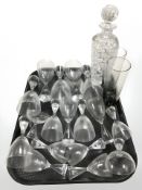 Assorted continental drinking glasses and cut glass decanter.