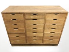 An oak and pine 21 drawer index chest / haberdashery drawer unit, Ex Beals Department store,
