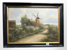 Danish School : Windmill on a country lane, oil on canvas, 64 cm x 44 cm.