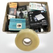 Assorted electricals including headphones, Walkman, USB cables, together with a slide viewer,