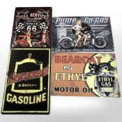 Four reproduction tin motoring signs, largest 30 cm long.