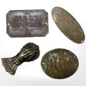 Three 19th century brass warning plaques, Beware of the Dog, Trespassers will be Prosecuted,
