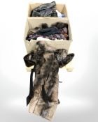 A quantity of fur coats, silk scarves, various vintage clothing,