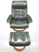 A Norwegian Ekornes Stressless green leather swivel armchair and matching footstool