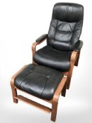 A contemporary Scandinavian stained bentwood black leather chair with matching stool.