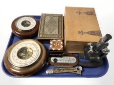 Two circular barometers, Indian bone inlaid trinket box, microscope, etc.