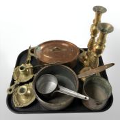A pair of brass candlesticks, 19th century copper cooking pans, etc.