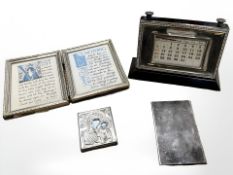 An Art Deco EPNS desk calendar, a small silver-mounted icon,