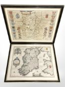Two 17th century engraved and hand coloured maps of Cambridgeshire and Ireland (Joannem Jansonium),