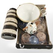 Assorted Art Deco pressed glass dressing table items, West German pottery vase, Green's mixing bowl,