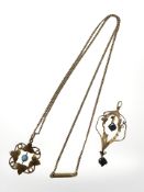 An Edwardian 9ct gold necklace with turquoise set stone, together with a further yellow pendant.