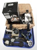 A quantity of modern wristwatches, smart watch, cufflinks, Star Wars remote control BB-8 toy, etc.