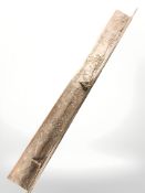 A carved oak wall shelf depicting hunting dogs perusing deer,