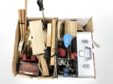 A group of wicker and wooden items, tennis rackets, walking sticks, carpet beater,