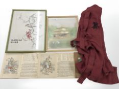 A Chinese watercolour silk work embroidery, silk jacket, etc.